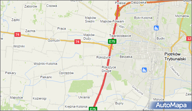 mapa Rokszyce gmina Wola Krzysztoporska, Rokszyce gmina Wola Krzysztoporska na mapie Targeo