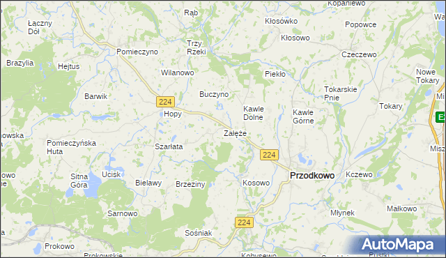 mapa Załęże gmina Przodkowo, Załęże gmina Przodkowo na mapie Targeo
