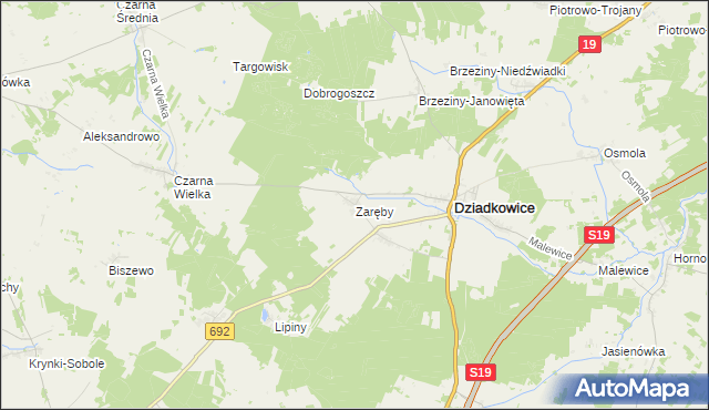 mapa Zaręby gmina Dziadkowice, Zaręby gmina Dziadkowice na mapie Targeo