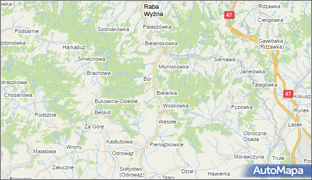 mapa Bielanka gmina Raba Wyżna, Bielanka gmina Raba Wyżna na mapie Targeo