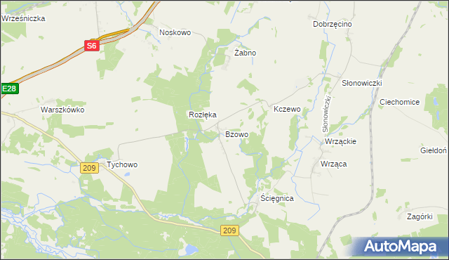 mapa Bzowo gmina Kobylnica, Bzowo gmina Kobylnica na mapie Targeo