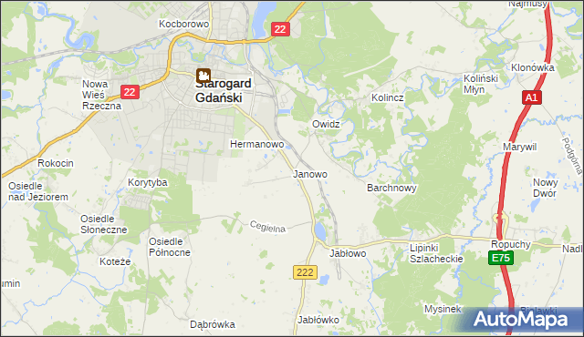 mapa Janowo gmina Starogard Gdański, Janowo gmina Starogard Gdański na mapie Targeo