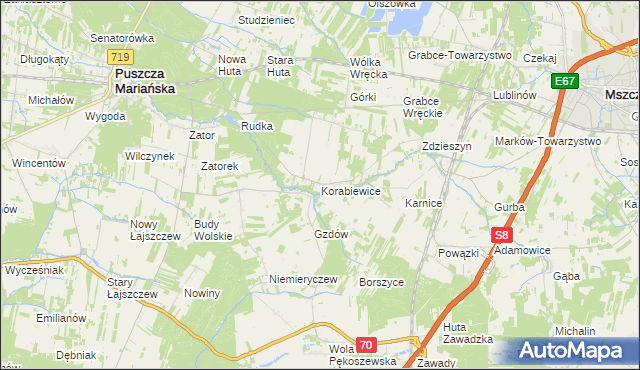 mapa Korabiewice, Korabiewice na mapie Targeo