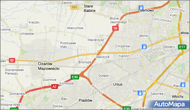 mapa Jawczyce gmina Ożarów Mazowiecki, Jawczyce gmina Ożarów Mazowiecki na mapie Targeo