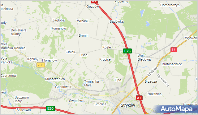 mapa Krucice gmina Stryków, Krucice gmina Stryków na mapie Targeo