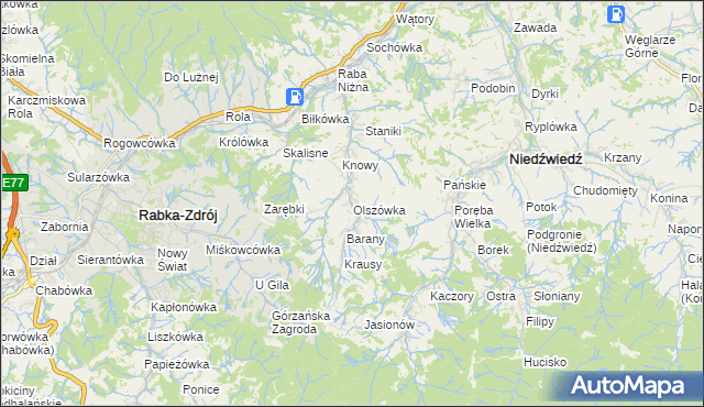 mapa Olszówka gmina Mszana Dolna, Olszówka gmina Mszana Dolna na mapie Targeo