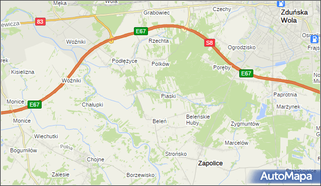 mapa Piaski gmina Zduńska Wola, Piaski gmina Zduńska Wola na mapie Targeo