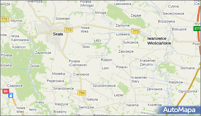 mapa Rzeplin gmina Skała, Rzeplin gmina Skała na mapie Targeo