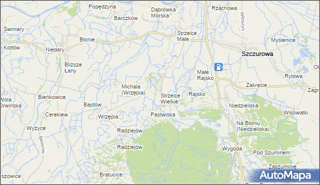 mapa Strzelce Wielkie gmina Szczurowa, Strzelce Wielkie gmina Szczurowa na mapie Targeo