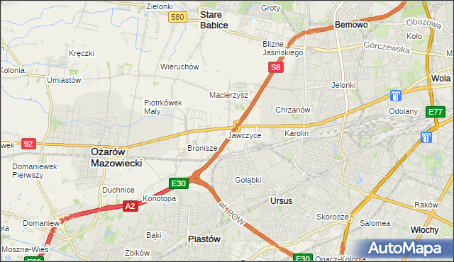 mapa Jawczyce gmina Ożarów Mazowiecki, Jawczyce gmina Ożarów Mazowiecki na mapie Targeo