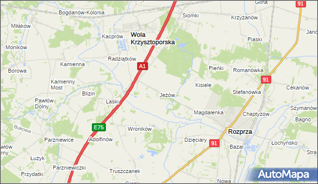 mapa Jeżów gmina Wola Krzysztoporska, Jeżów gmina Wola Krzysztoporska na mapie Targeo