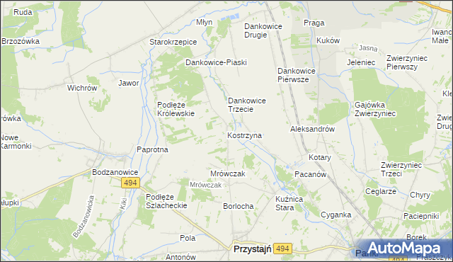 mapa Kostrzyna gmina Przystajń, Kostrzyna gmina Przystajń na mapie Targeo