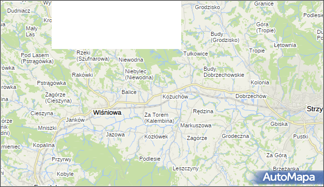 mapa Kożuchów gmina Wiśniowa, Kożuchów gmina Wiśniowa na mapie Targeo
