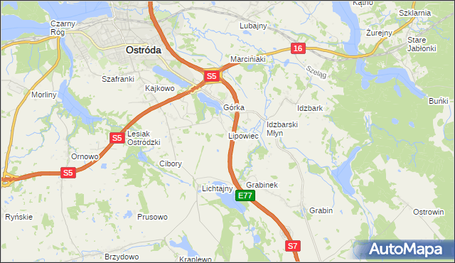 mapa Lipowiec gmina Ostróda, Lipowiec gmina Ostróda na mapie Targeo