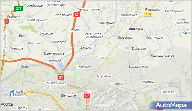 mapa Prusy gmina Kocmyrzów-Luborzyca, Prusy gmina Kocmyrzów-Luborzyca na mapie Targeo