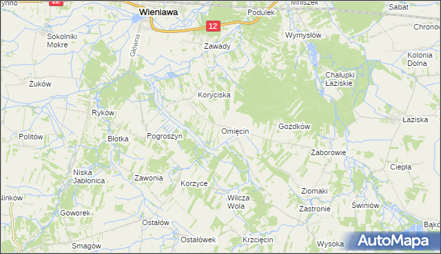 mapa Omięcin gmina Szydłowiec, Omięcin gmina Szydłowiec na mapie Targeo