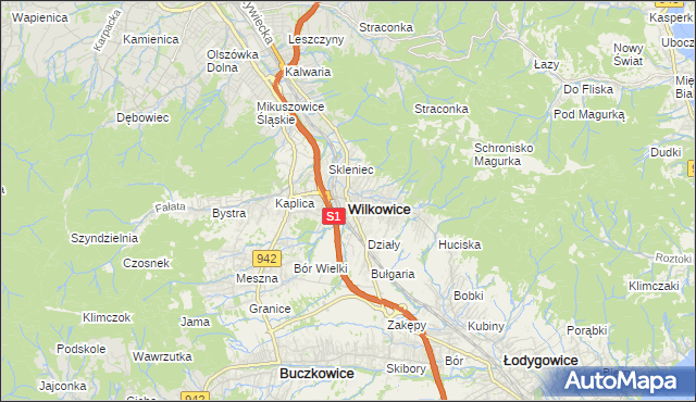 mapa Wilkowice powiat bielski, Wilkowice powiat bielski na mapie Targeo