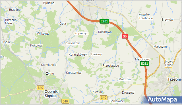 mapa Piekary gmina Oborniki Śląskie, Piekary gmina Oborniki Śląskie na mapie Targeo