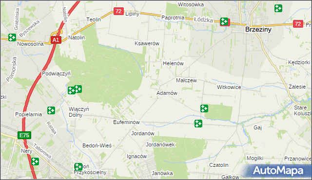 mapa Adamów gmina Brzeziny, Adamów gmina Brzeziny na mapie Targeo