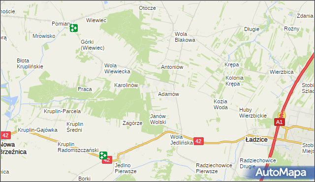 mapa Adamów gmina Ładzice, Adamów gmina Ładzice na mapie Targeo