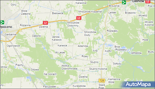 mapa Adamów gmina Opoczno, Adamów gmina Opoczno na mapie Targeo