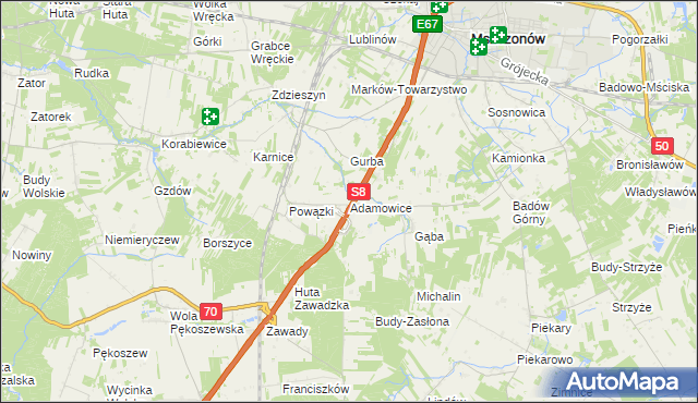mapa Adamowice gmina Mszczonów, Adamowice gmina Mszczonów na mapie Targeo