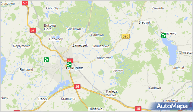 mapa Adamowo gmina Biskupiec, Adamowo gmina Biskupiec na mapie Targeo