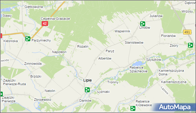 mapa Albertów gmina Lipie, Albertów gmina Lipie na mapie Targeo