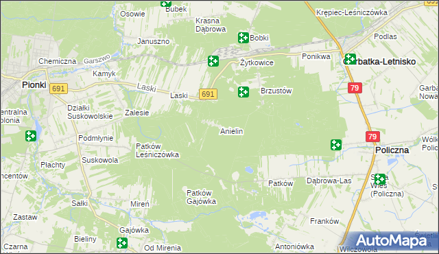 mapa Anielin gmina Garbatka-Letnisko, Anielin gmina Garbatka-Letnisko na mapie Targeo