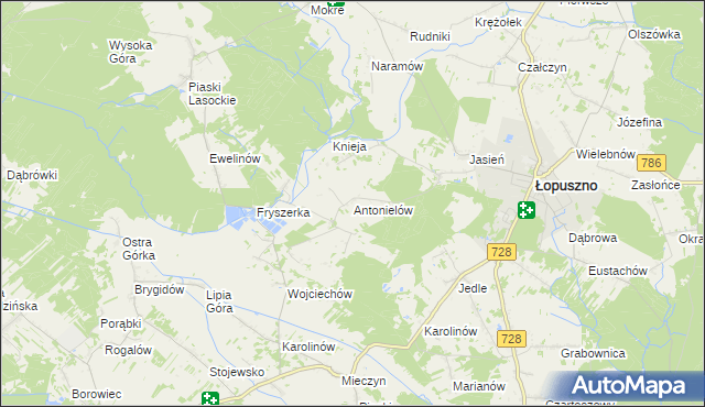 mapa Antonielów gmina Łopuszno, Antonielów gmina Łopuszno na mapie Targeo