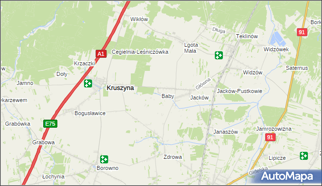 mapa Baby gmina Kruszyna, Baby gmina Kruszyna na mapie Targeo