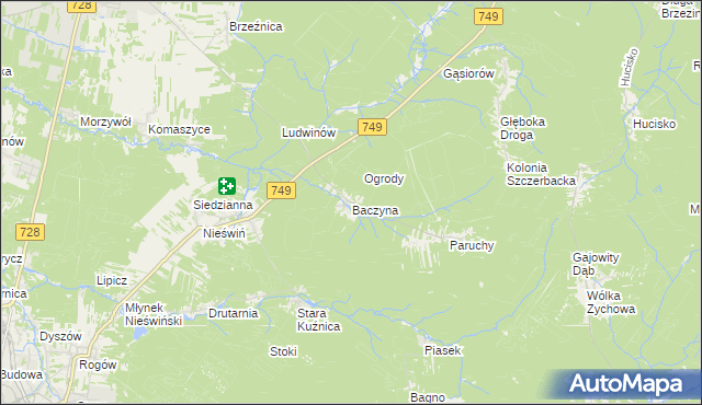 mapa Baczyna gmina Końskie, Baczyna gmina Końskie na mapie Targeo