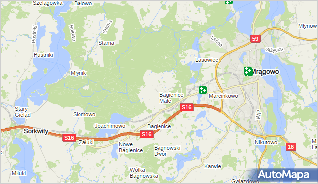 mapa Bagienice Małe gmina Mrągowo, Bagienice Małe gmina Mrągowo na mapie Targeo