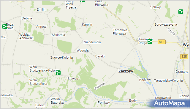 mapa Baraki gmina Zakrzew, Baraki gmina Zakrzew na mapie Targeo