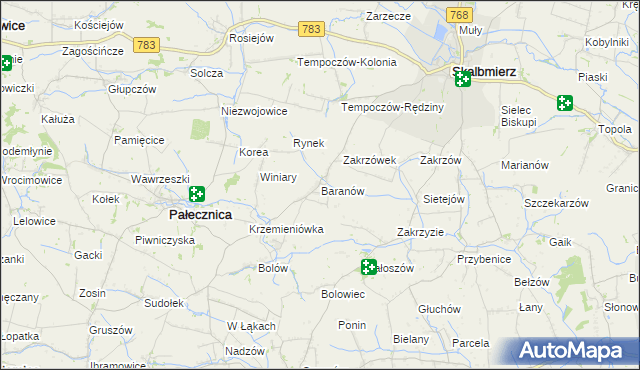 mapa Baranów gmina Skalbmierz, Baranów gmina Skalbmierz na mapie Targeo