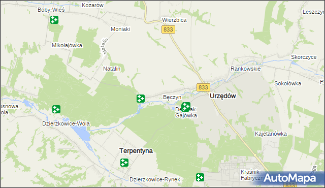 mapa Bęczyn gmina Urzędów, Bęczyn gmina Urzędów na mapie Targeo