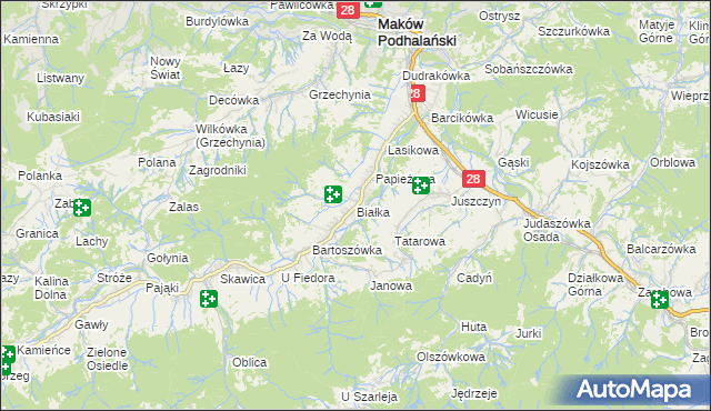 mapa Białka gmina Maków Podhalański, Białka gmina Maków Podhalański na mapie Targeo