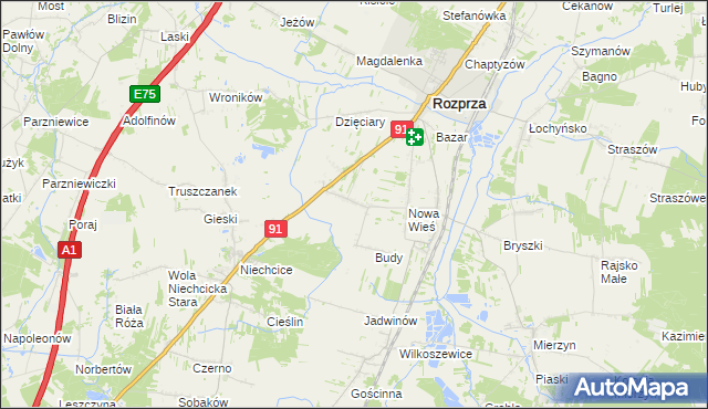 mapa Białocin gmina Rozprza, Białocin gmina Rozprza na mapie Targeo