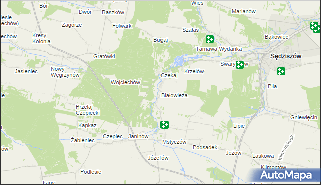 mapa Białowieża gmina Sędziszów, Białowieża gmina Sędziszów na mapie Targeo