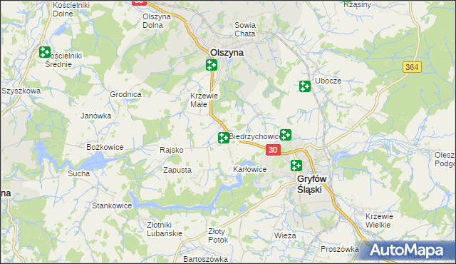 mapa Biedrzychowice gmina Olszyna, Biedrzychowice gmina Olszyna na mapie Targeo