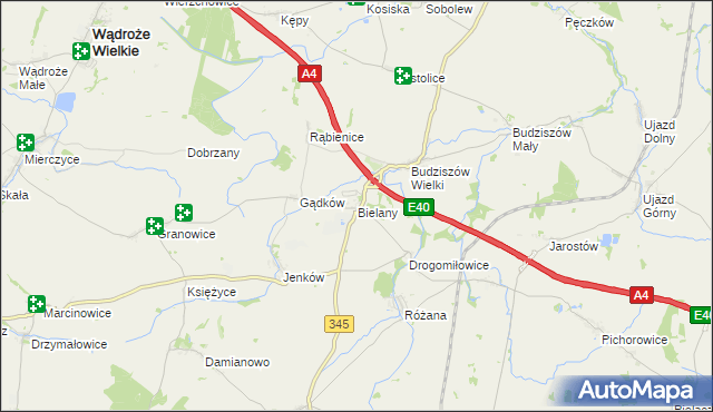 mapa Bielany gmina Wądroże Wielkie, Bielany gmina Wądroże Wielkie na mapie Targeo