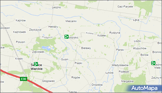 mapa Bielawy gmina Świnice Warckie, Bielawy gmina Świnice Warckie na mapie Targeo