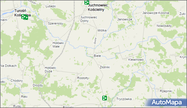 mapa Biele gmina Juchnowiec Kościelny, Biele gmina Juchnowiec Kościelny na mapie Targeo