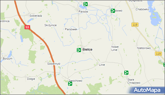 mapa Bielice powiat pyrzycki, Bielice powiat pyrzycki na mapie Targeo