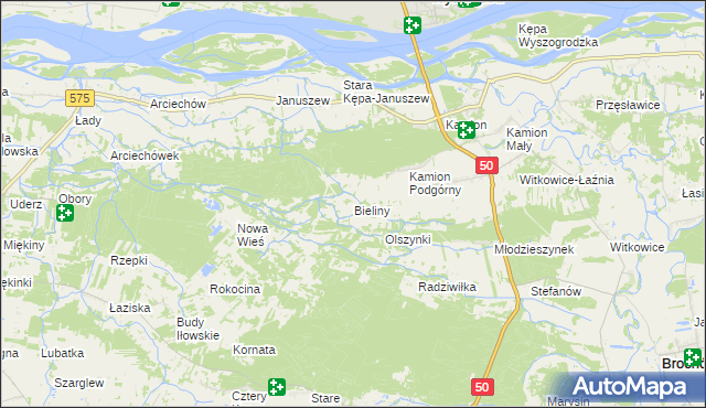 mapa Bieliny gmina Młodzieszyn, Bieliny gmina Młodzieszyn na mapie Targeo