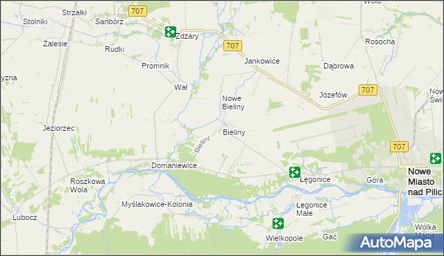 mapa Bieliny gmina Nowe Miasto nad Pilicą, Bieliny gmina Nowe Miasto nad Pilicą na mapie Targeo