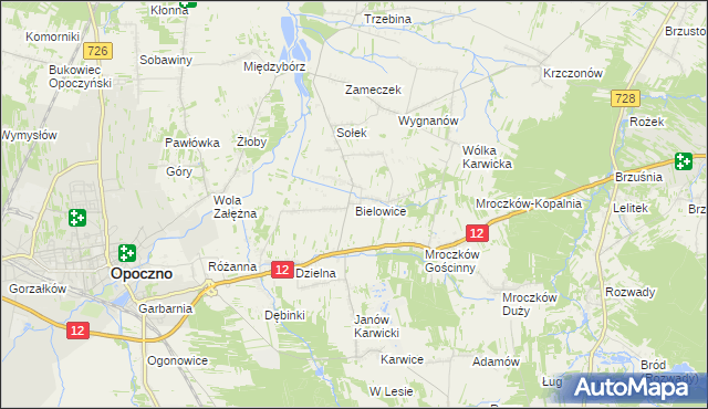 mapa Bielowice gmina Opoczno, Bielowice gmina Opoczno na mapie Targeo