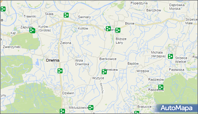 mapa Bieńkowice gmina Drwinia, Bieńkowice gmina Drwinia na mapie Targeo