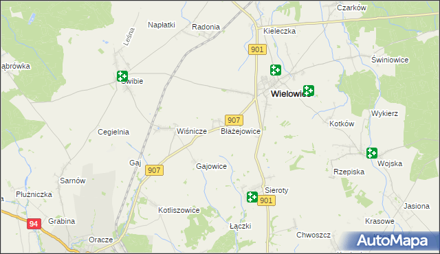 mapa Błażejowice gmina Wielowieś, Błażejowice gmina Wielowieś na mapie Targeo