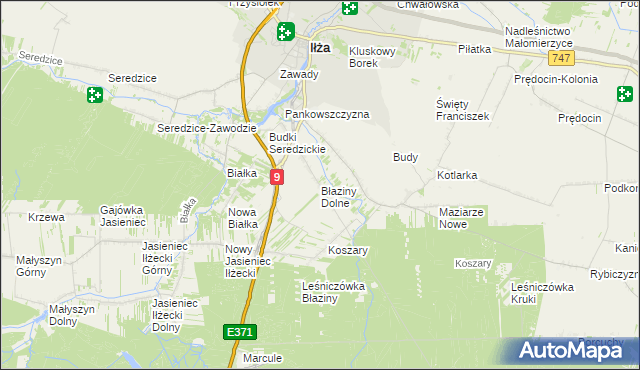 mapa Błaziny Dolne, Błaziny Dolne na mapie Targeo